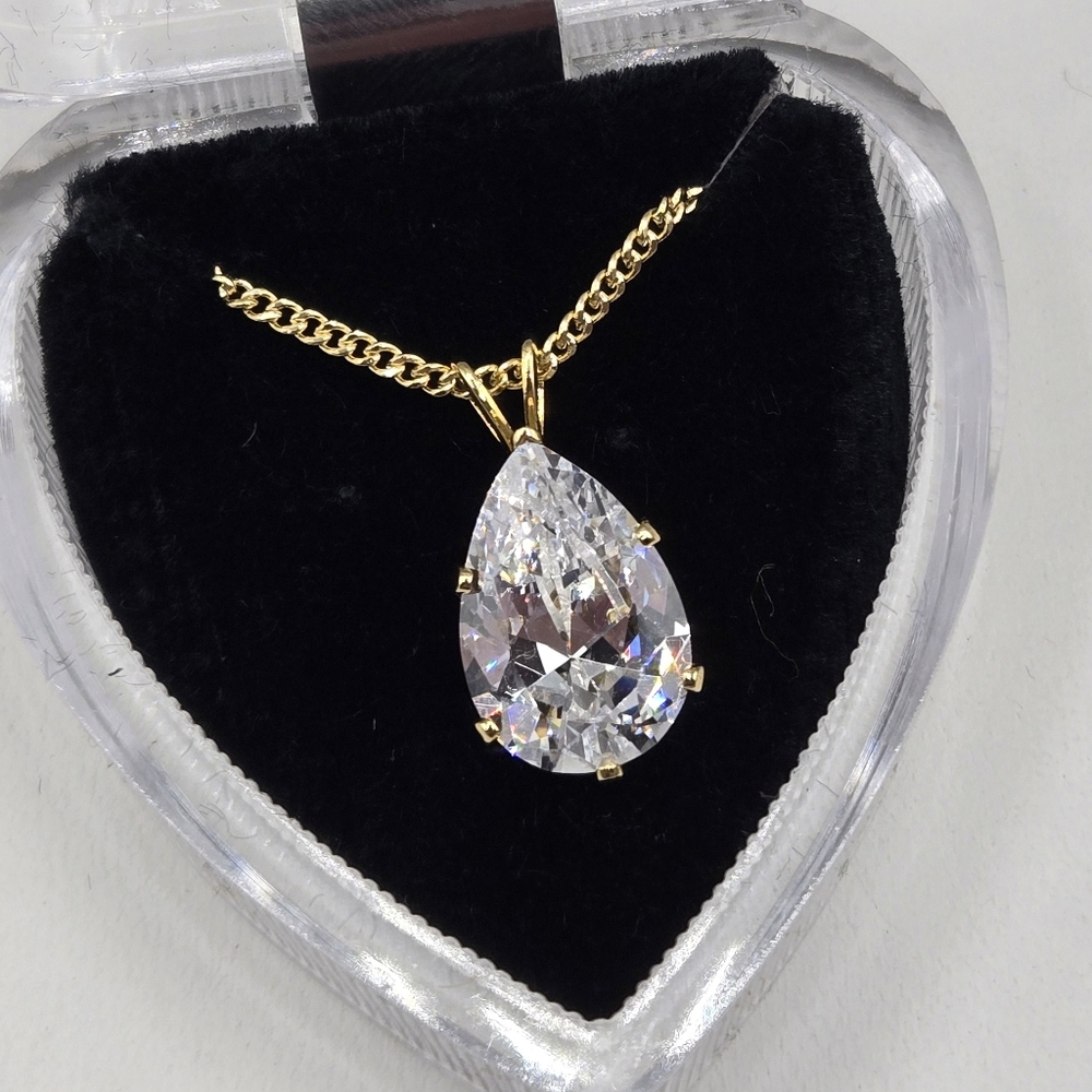 Gold Necklace with Clear Cubic Zirconia Teardrop Pendant Non-Tarnish - Picture 3 of 5